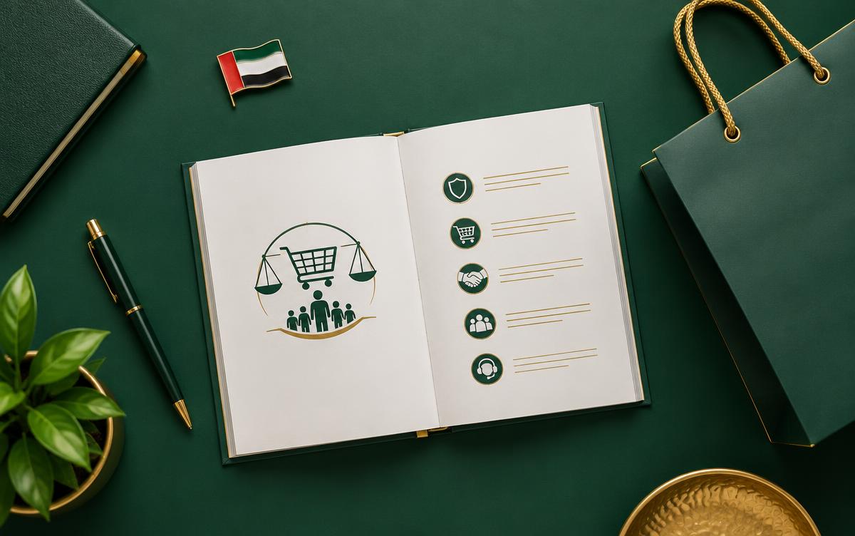 مجموعة متنوعة من المواطنين والمقيمين في الإمارات يطّلعون معًا على ميثاق حقوق المستهلك