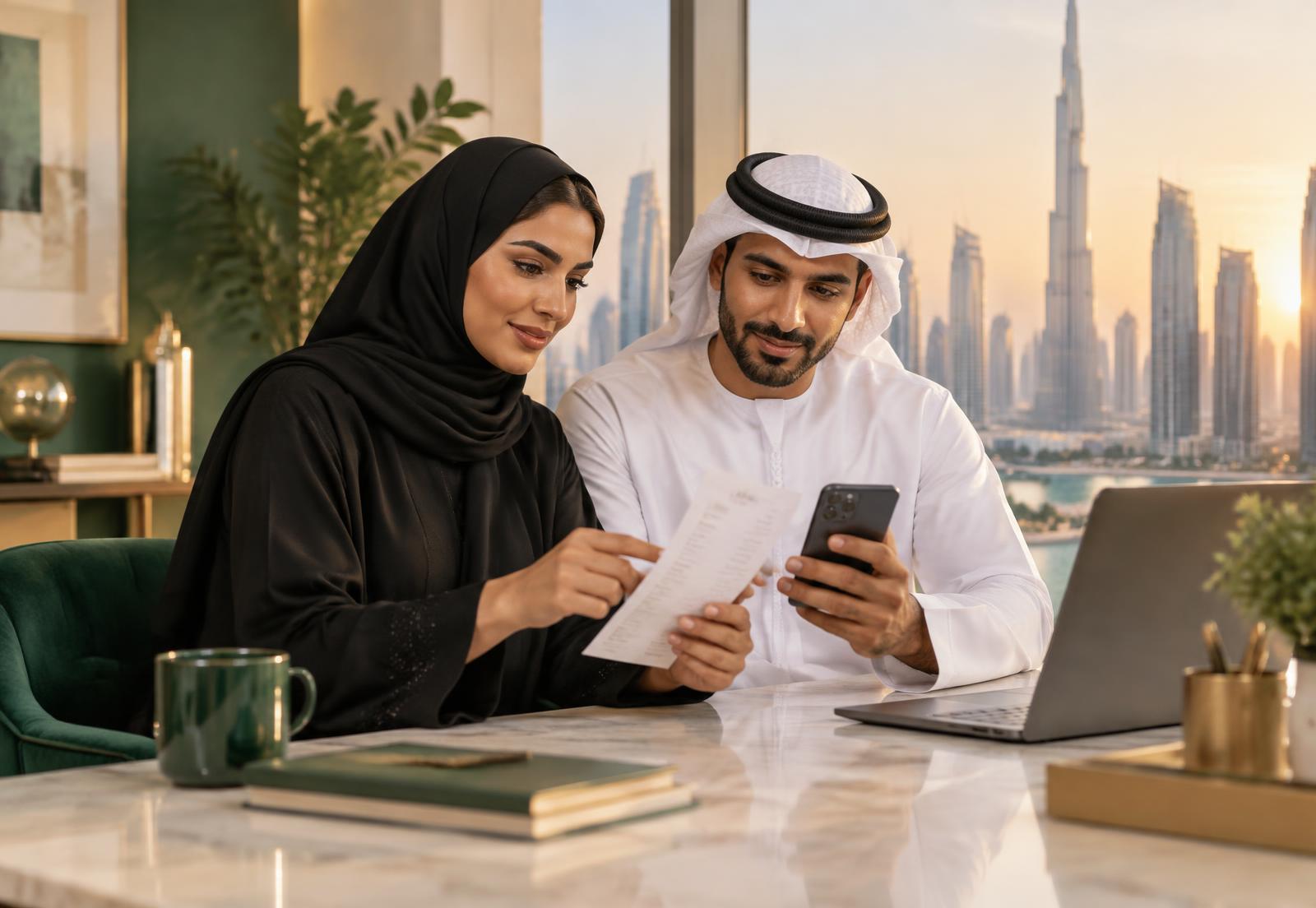 مستهلكون في الإمارات يراجعون فاتورة وطلبًا إلكترونيًا للتحضير لتقديم شكوى