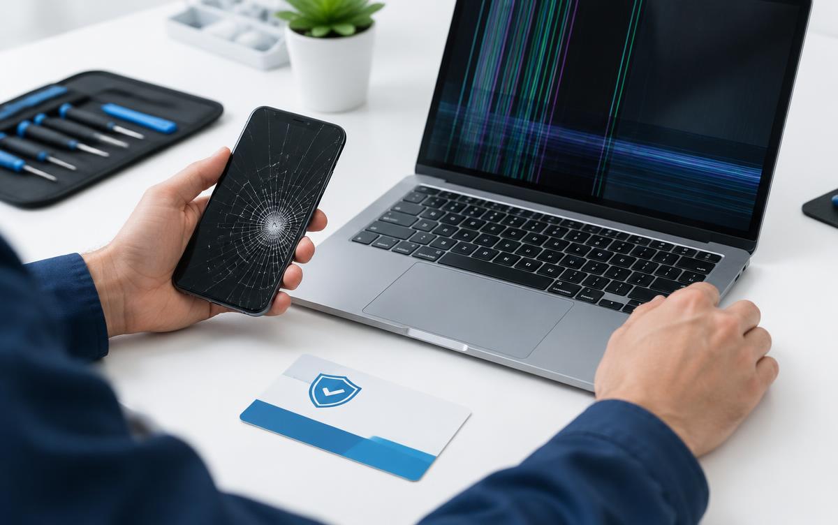 عميل يقف عند مكتب خدمة ما بعد البيع في متجر إلكترونيات يعرض جهازه المعطل لموظف الصيانة
